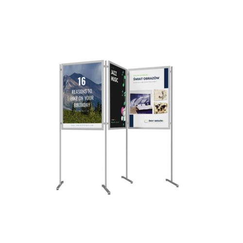 Freestanding poster display wall with snap frames on the aluminium construction